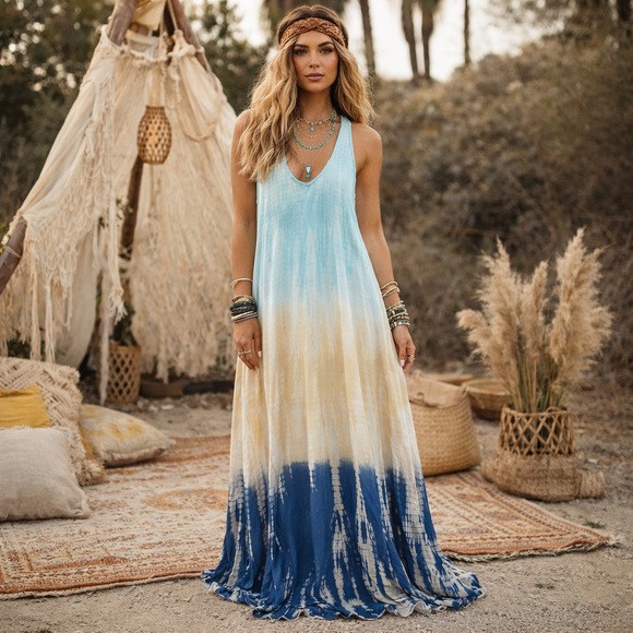 Beachy Boho Tie Dye Pocketed Maxi Dress - Picture 1 of 5